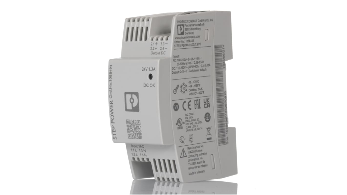 Phoenix Contact STEP POWER Switched Mode DIN Rail Power Supply, 100 → 240 V, 110 → 250 V ac Input, 24V dc