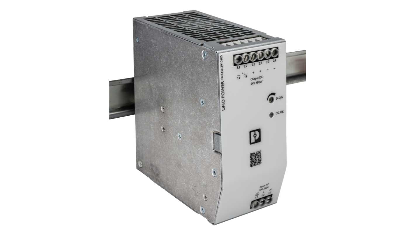 Phoenix Contact UNO POWER Switch Mode DIN Rail Power Supply, 100 → 240V ac ac Input, 24V dc dc Output, 20A