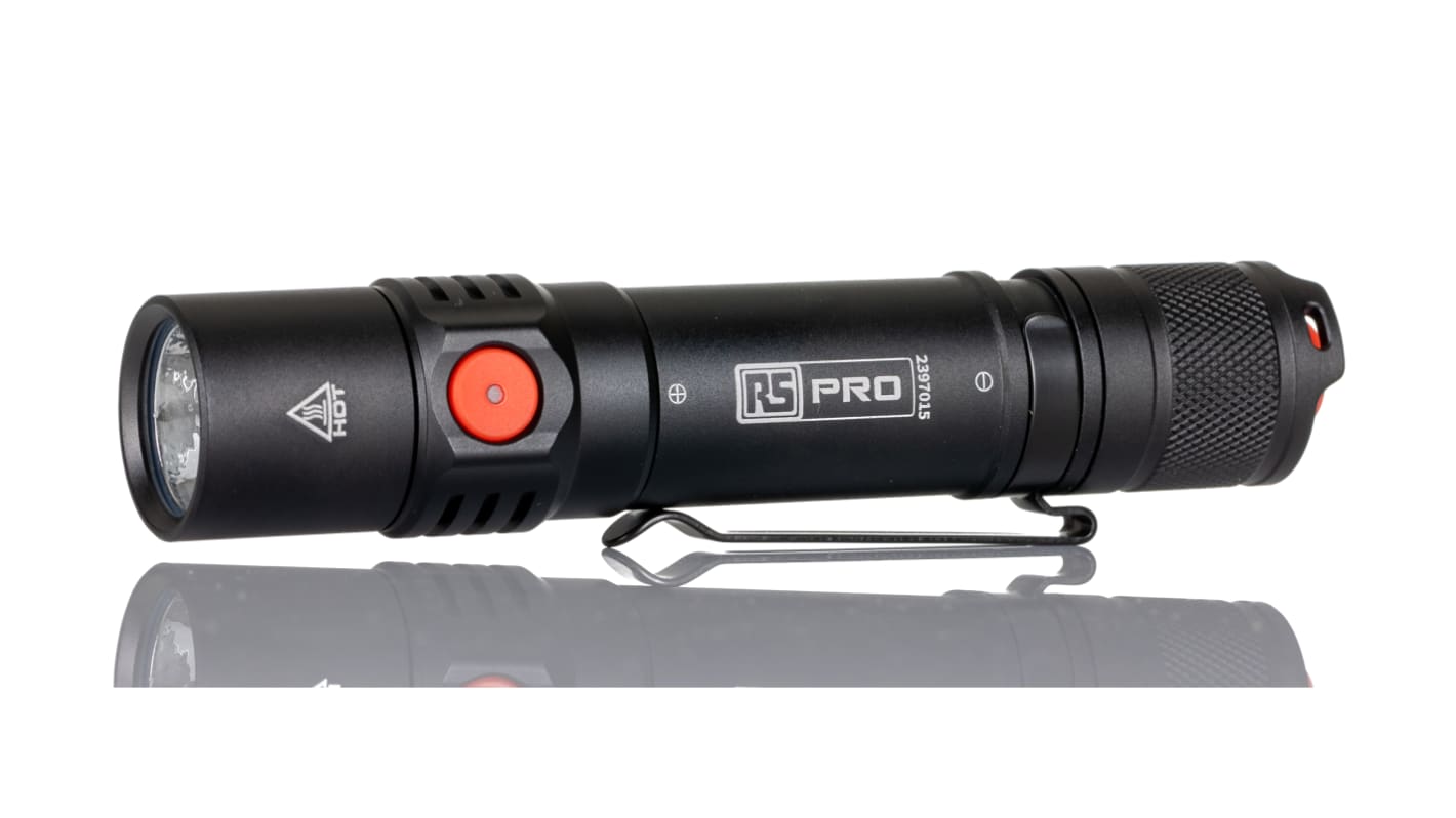 RS PRO LED Torch Black, Red - Rechargeable 1200 lm, 133.5 mm