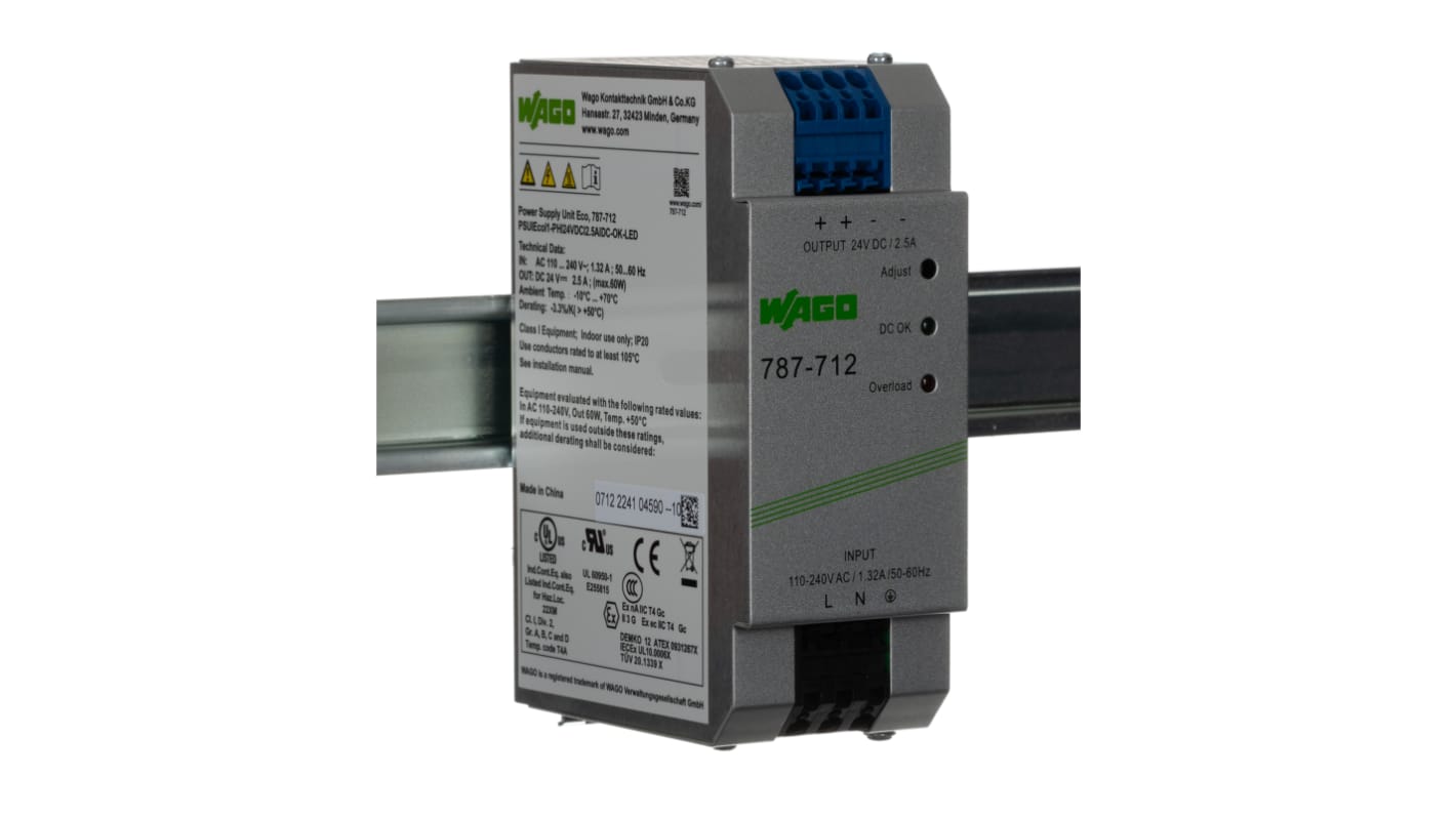 Alimentatore a montaggio su guida DIN WAGO, 24V cc, 2.5A, 230V, 60W