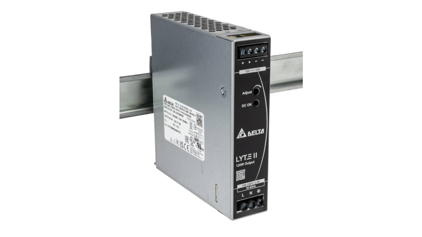 Delta Electronics DRL Switched Mode DIN Rail Power Supply, 90 → 264V ac ac Input, 12V dc dc Output, 10A Output,
