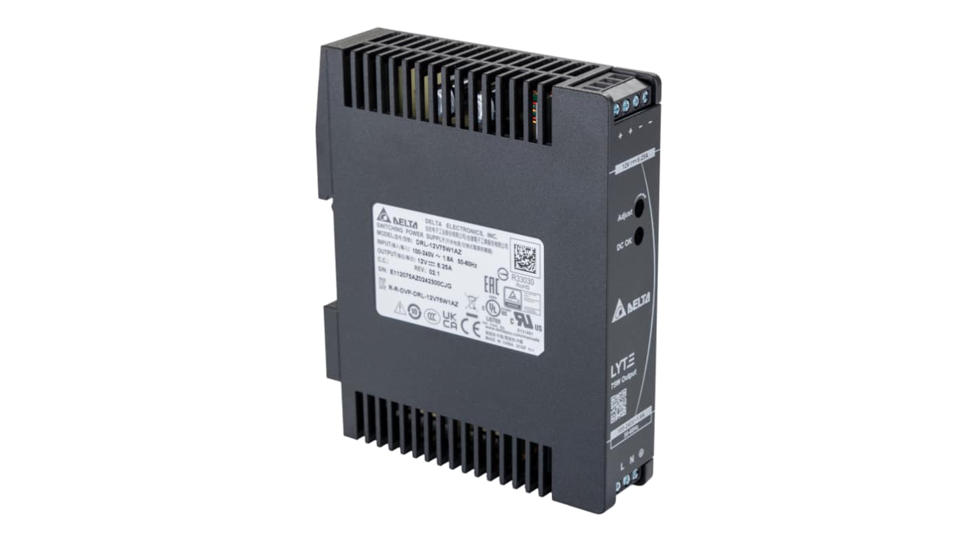 Delta Electronics DRL Switched Mode DIN Rail Power Supply, 85 → 264V ac ac Input, 12V dc dc Output, 6.25A