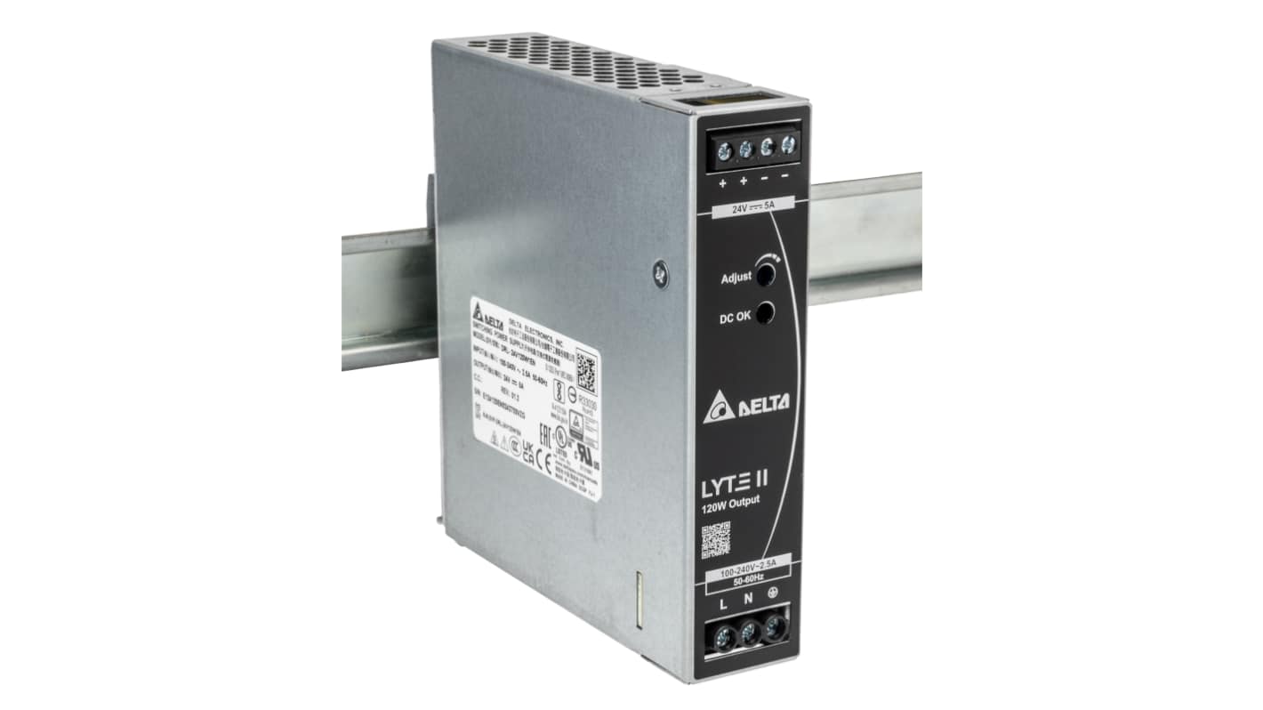 Alimentatore a montaggio su guida DIN Delta Electronics, 24V cc, 5A, 90 → 264V ca, 120W