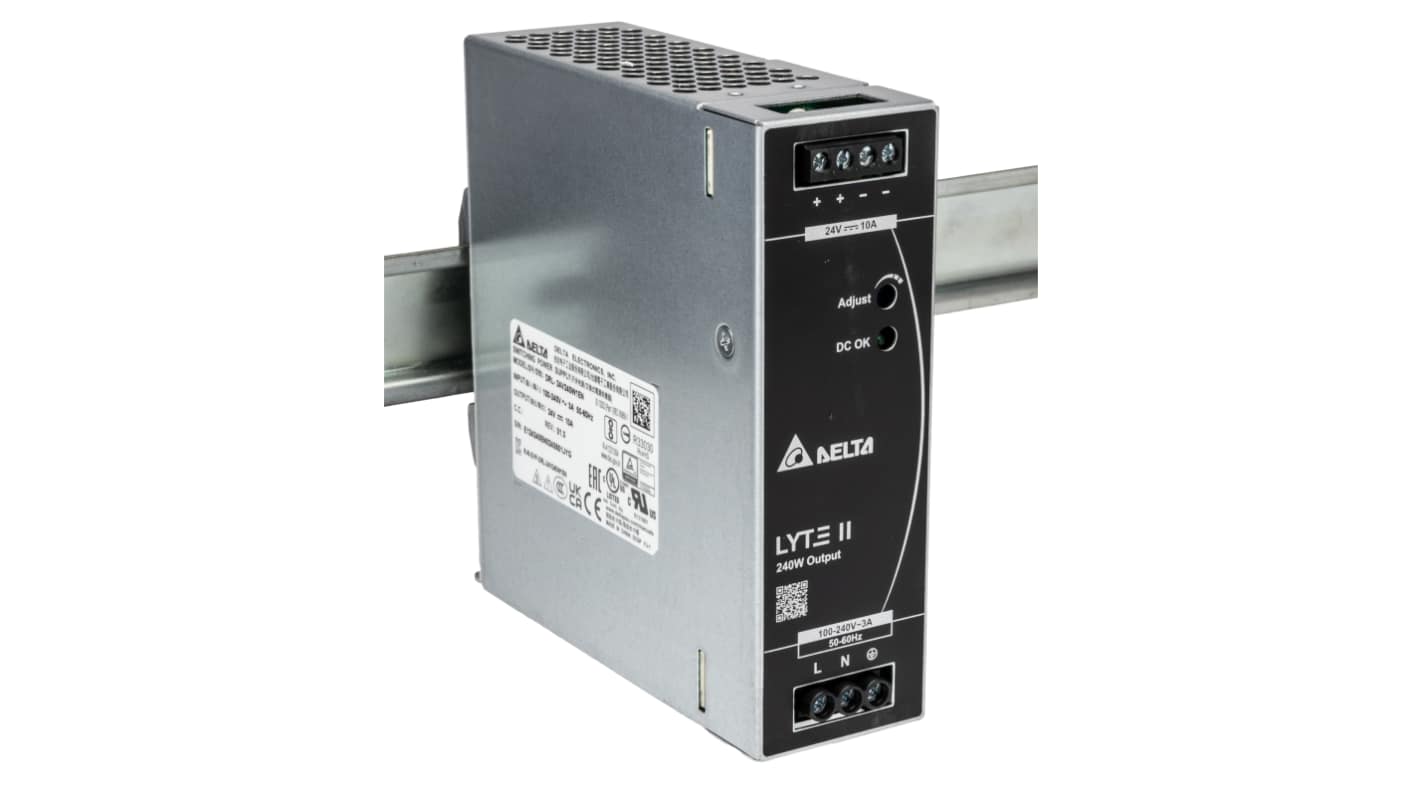Delta Electronics DRL Switched Mode DIN Rail Power Supply, 90 → 264V ac ac Input, 24V dc dc Output, 10A Output,