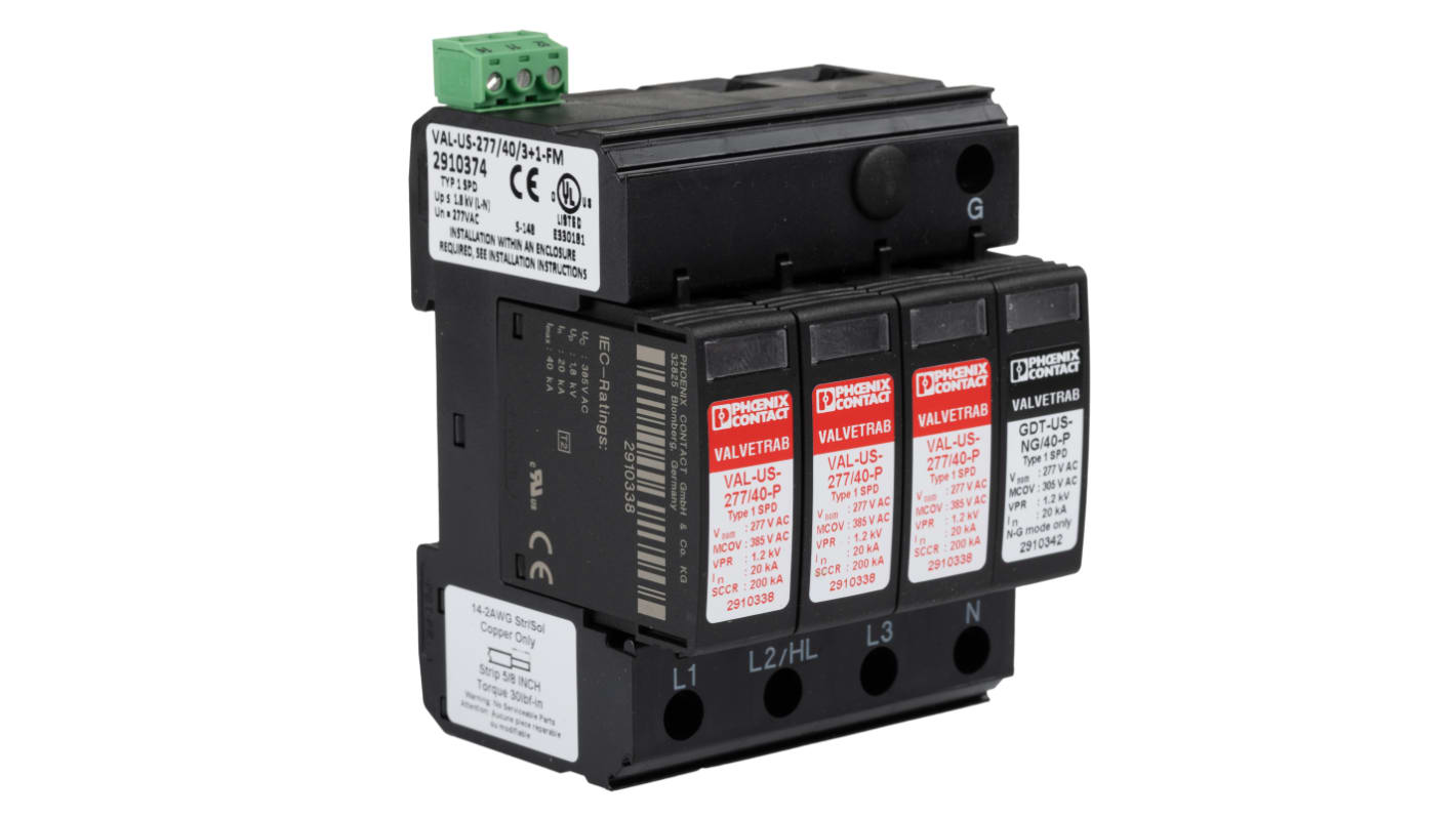 Phoenix Contact, VAL-US-277/40/3+1-FM Surge Protection Device 480 V ac Maximum Voltage Rating 40kA Maximum Surge