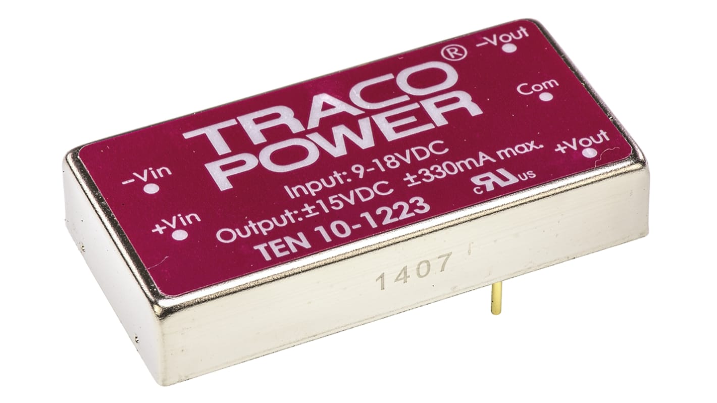 TRACOPOWER TEN 10 DC-DC Converter, ±15V dc/ ±330mA Output, 9 → 18 V dc Input, 10W, Through Hole, +85°C Max Temp