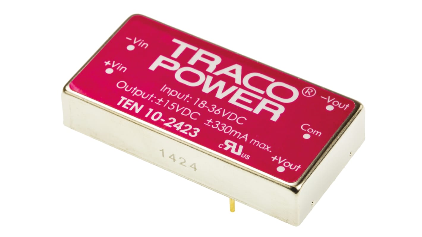 TRACOPOWER TEN 10 DC-DC Converter, ±15V dc/ ±330mA Output, 18 → 36 V dc Input, 10W, Through Hole, +85°C Max Temp