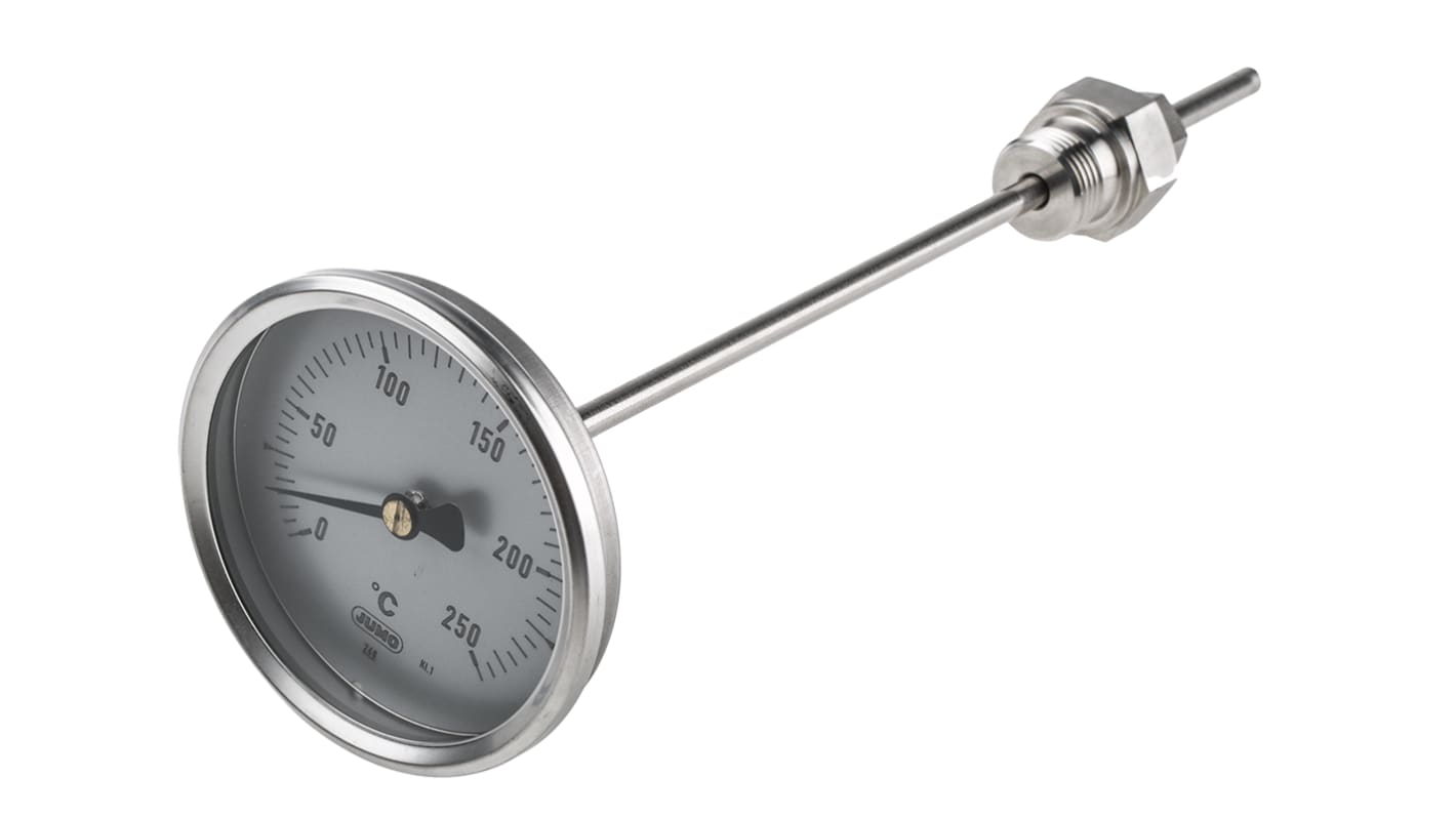 Jumo Immersion Dial Thermometer 0 → +250 °C, 608002/0180-834-847-6-104-26-26-200/000