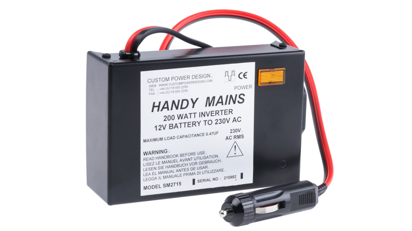 Inverter di potenza Custom Power Design, ingresso 11 → 15V cc, uscita 230V ca, 200W, connettore Connettore