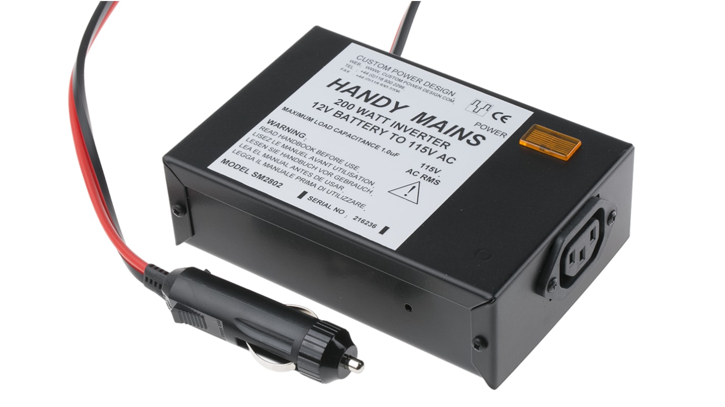 Inverter c.c.-c.a. per auto Custom Power Design, ingresso 11 → 15V cc, uscita 115V ca, 2.2A, 200W, connettore