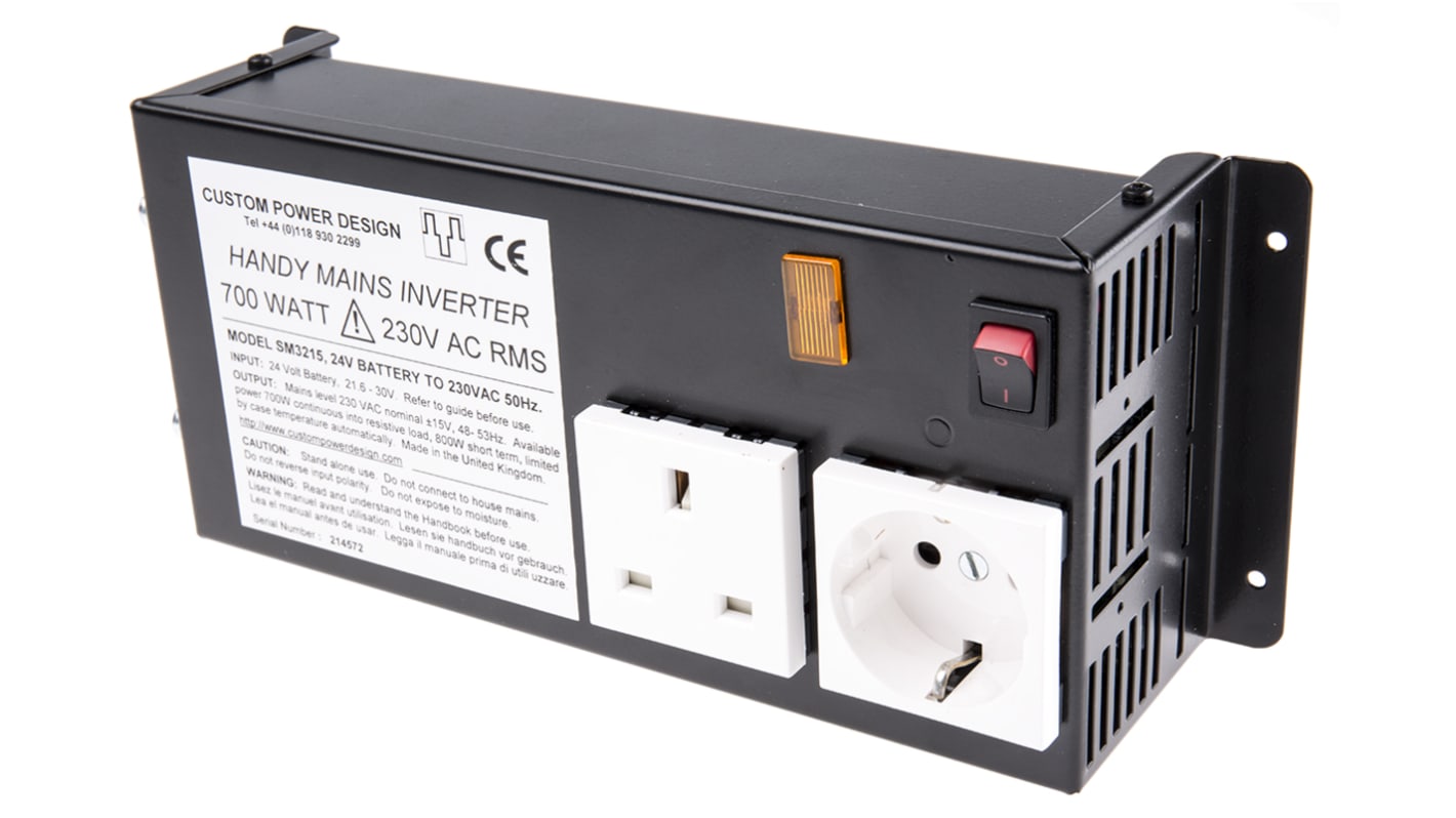 Inverter di potenza Custom Power Design, ingresso 24V cc, uscita 230V ca, 12A, 700W, 3 pin Schuko