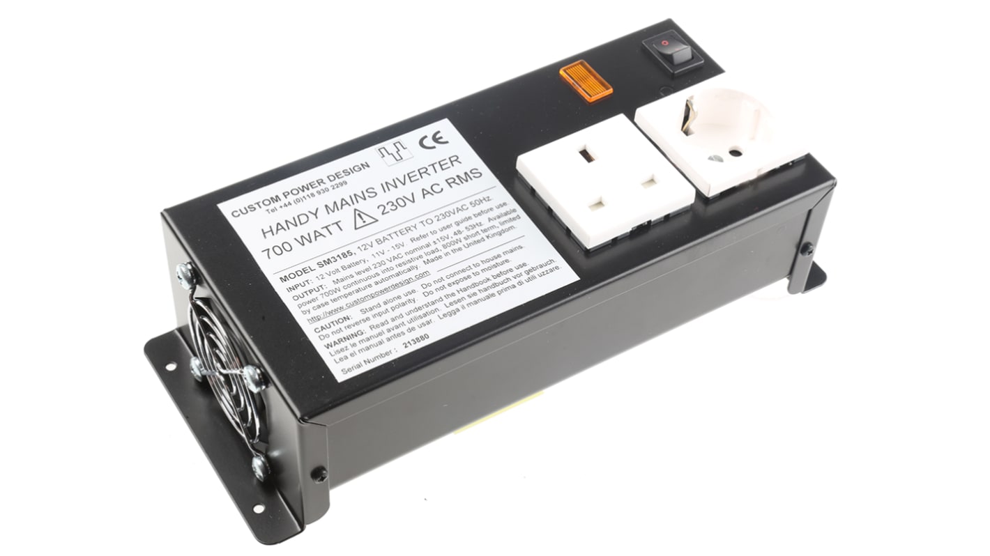 Inverter di potenza Custom Power Design, ingresso 12V cc, uscita 230V ca, 12A, 700W, 3 pin Schuko