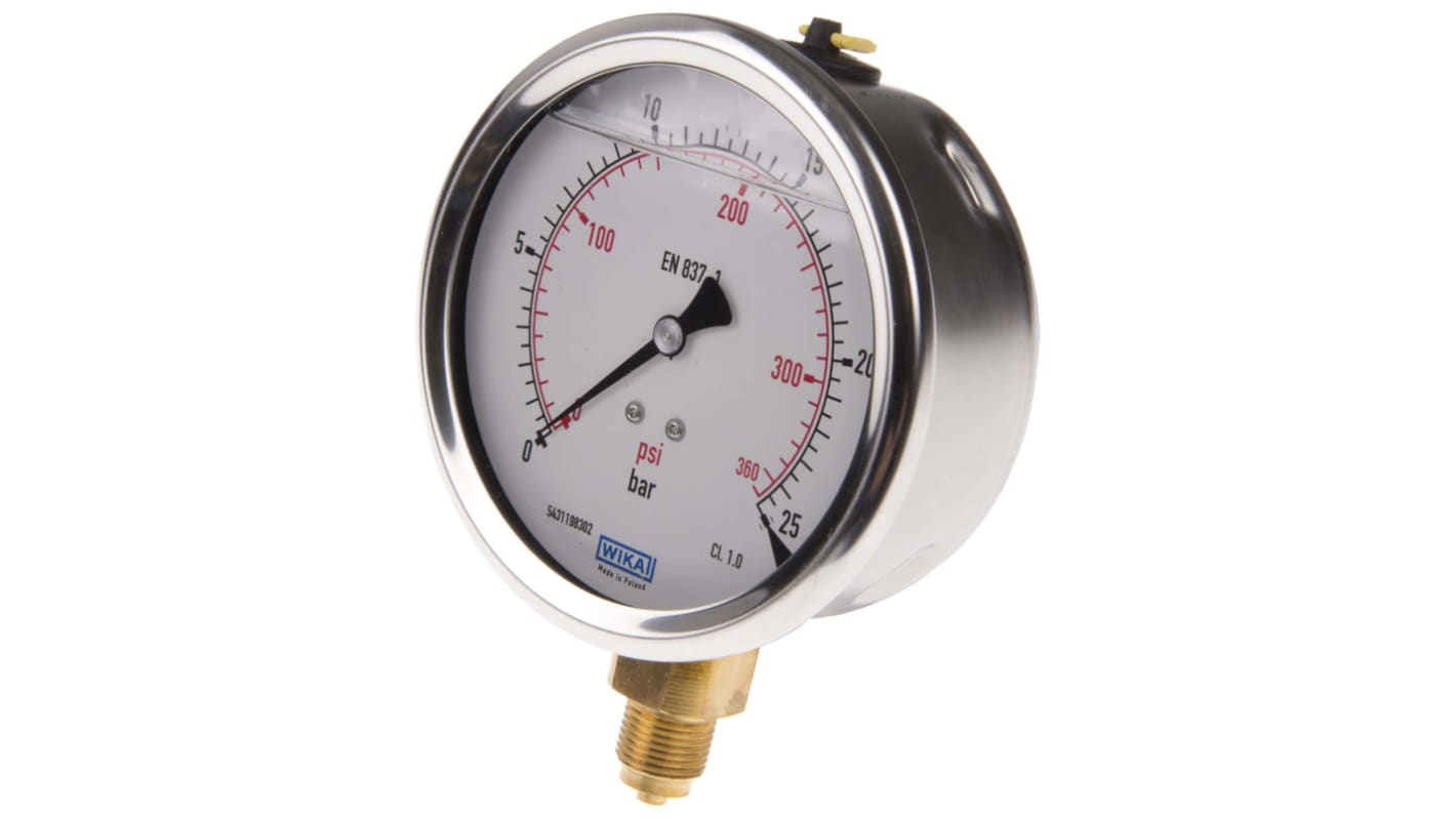 WIKA G 3/8 Analogue Pressure Gauge 25bar Bottom Entry, 7075597, 0bar min.