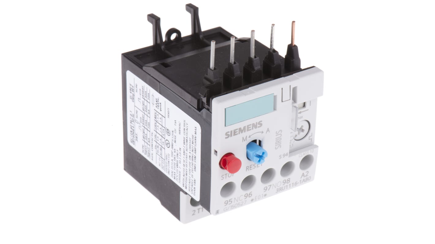 Siemens 3RU Overload Relay 1NO + 1NC, 1.1 → 1.6 A F.L.C, 1.6 A Contact Rating, 0.55 kW, 3P, Sirius Classic