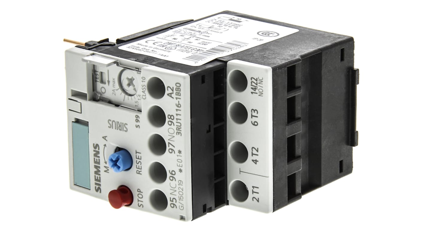 Siemens 3RU Overload Relay 1NO + 1NC, 1.4 → 2 A F.L.C, 2 A Contact Rating, 0.75 kW, 3P, SIRIUS Classic