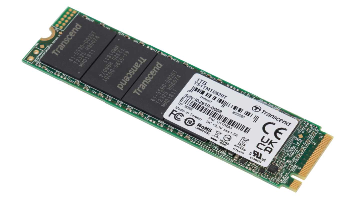Transcend 1 TB固态硬盘 SSD, PCIe Gen3接口, 工业用, M.2, MTE670T, 3D