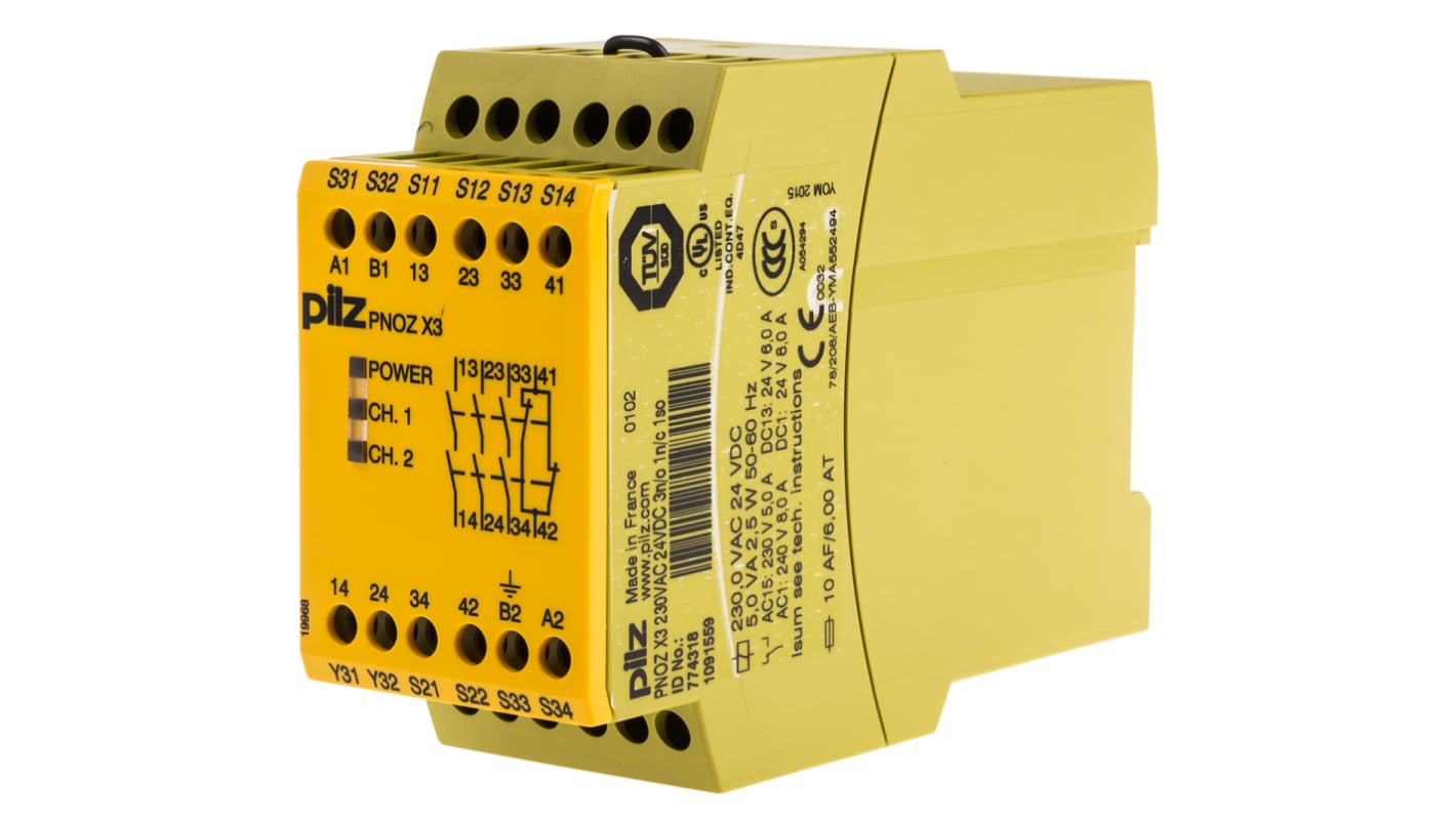 Pilz PNOZ X PNOZ X3 Emergency Stop Safety Relay, 24 V dc, 230V ac, Dual-Channel, 3 Safety Contacts