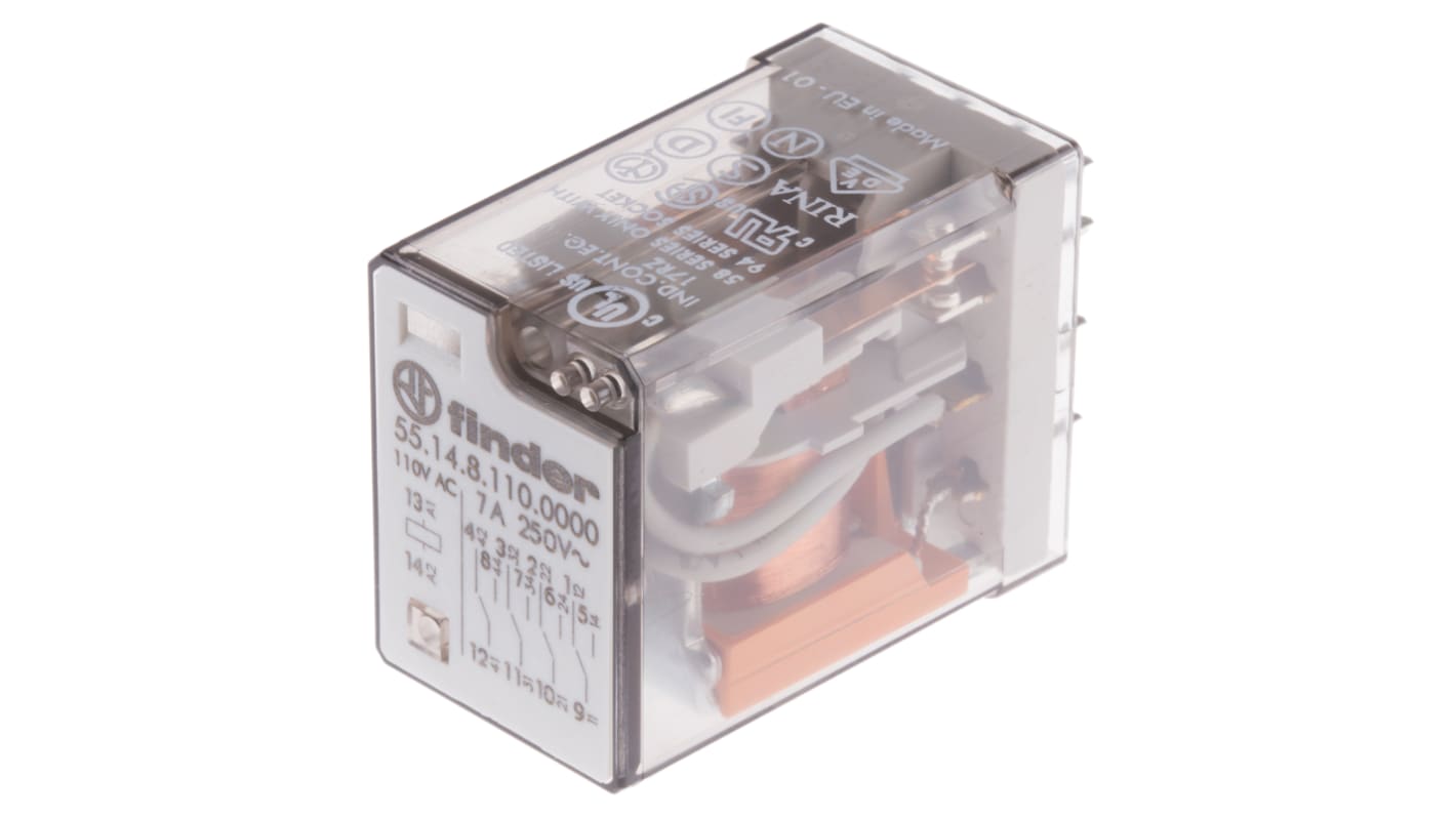 Relè di potenza Finder serie 55 Series, 4PDT, bobina 110V ca, Montaggio su circuito stampato