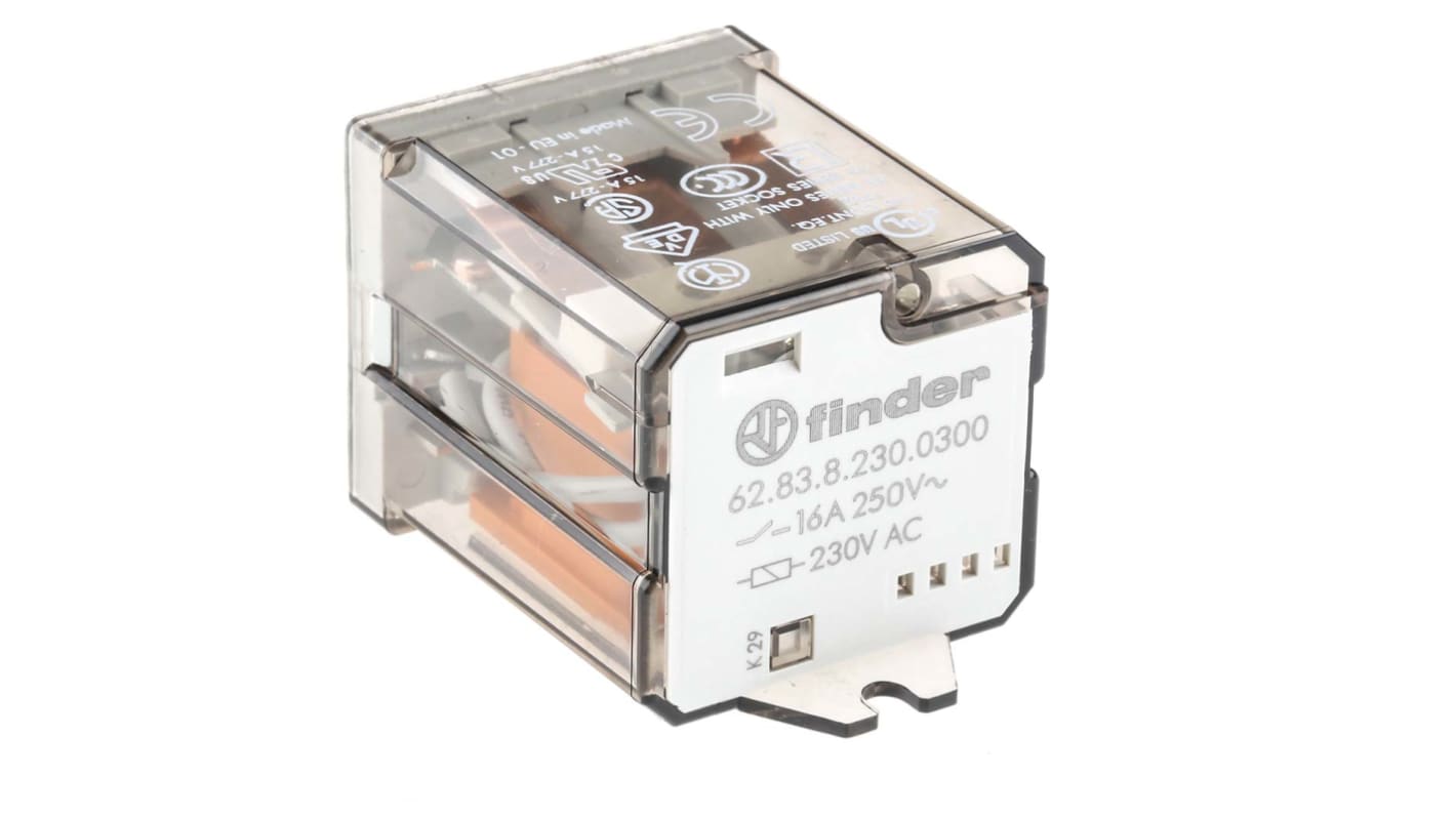 Finder Flange Mount Power Relay, 230V ac Coil, 16A Switching Current, 3PDT