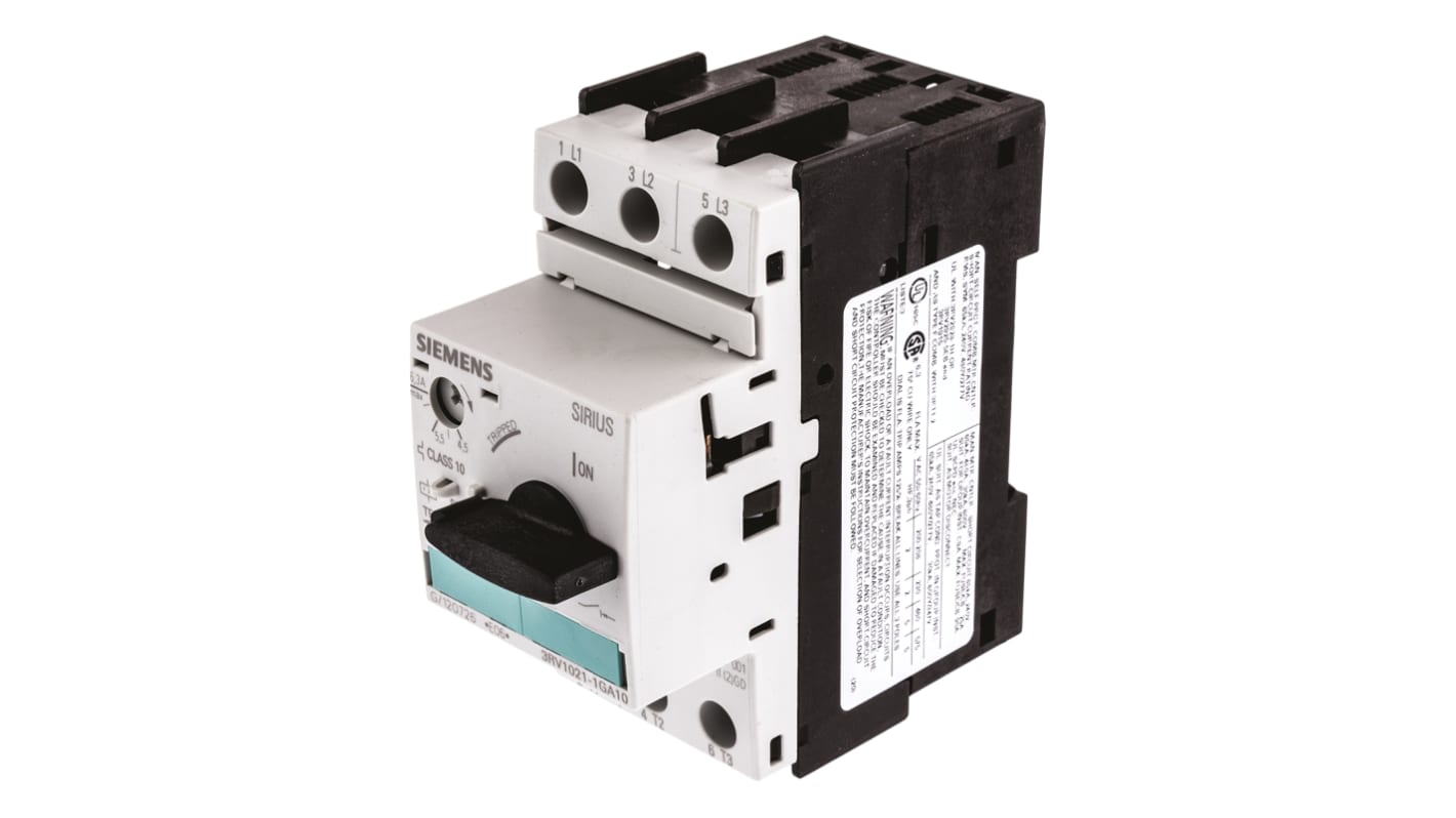 Interruttore protezione motori 3P Siemens 3RV1021-1GA10 serie 3RV1, 4,5 → 6,3 A, interruzione 100 kA, 690 V