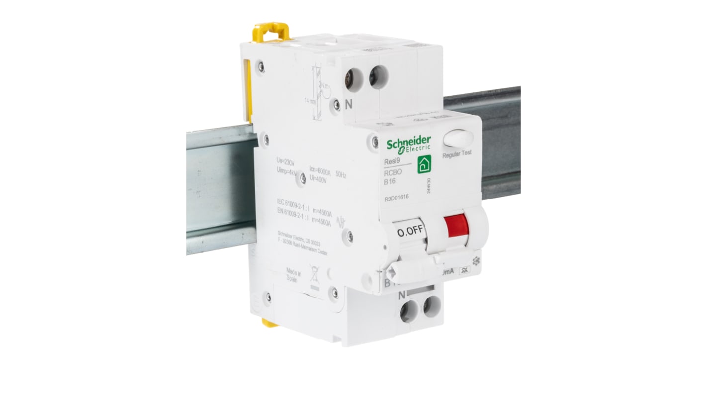 Interruptor automático y diferencial 1P, 16A, Sensibilidad 30mA, Montaje en Carril DIN, Resi9