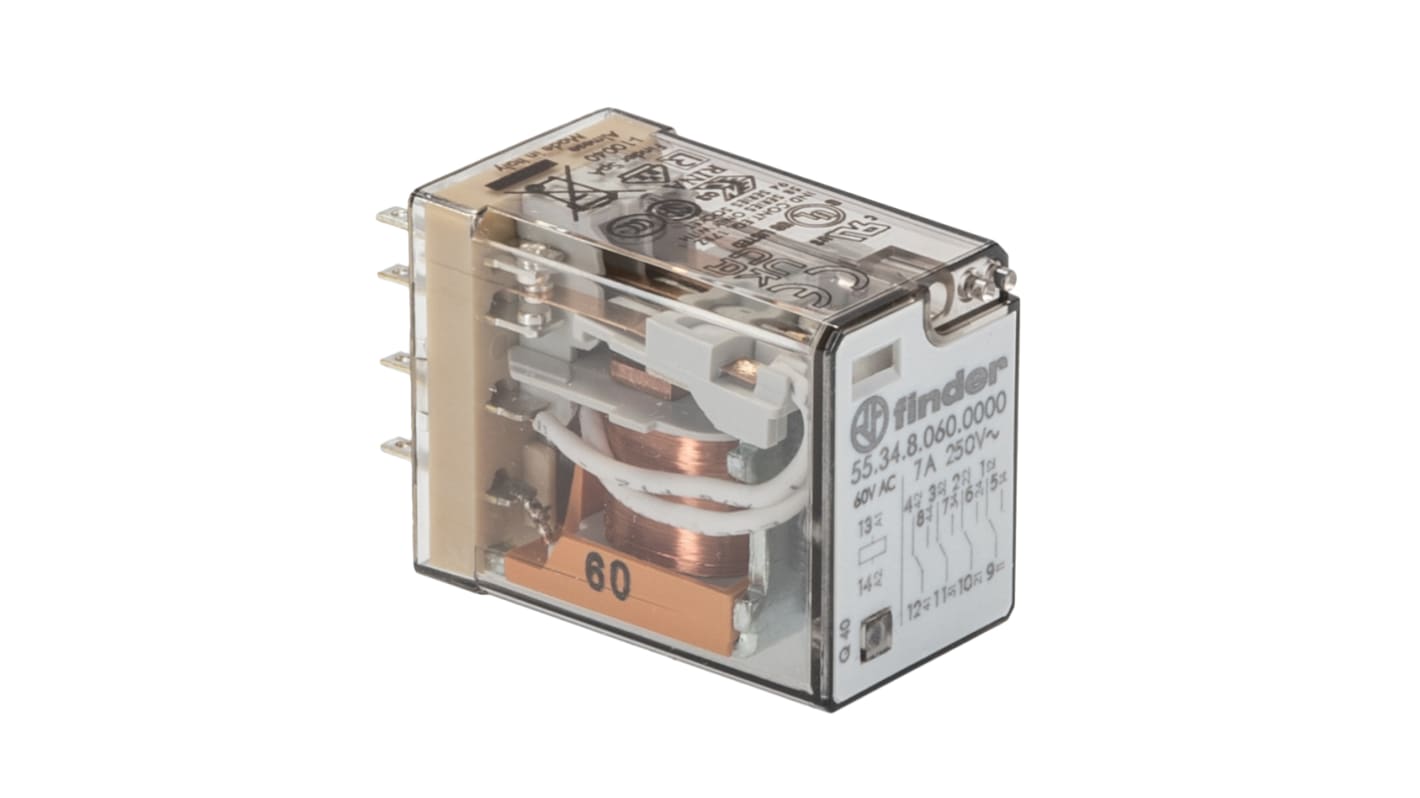 Finder Plug In Relay, 60V ac Coil, 7A Switching Current, 4PDT