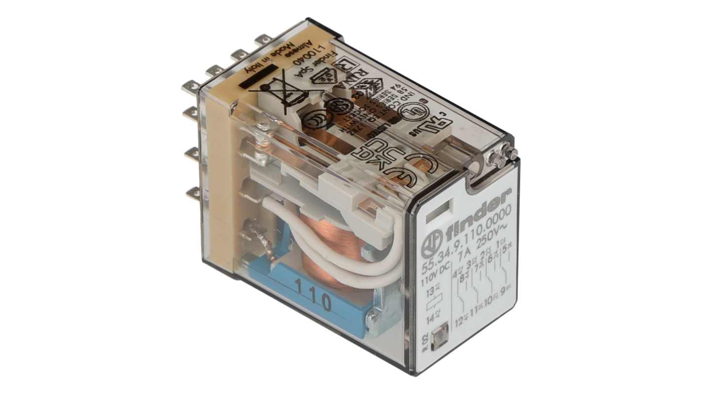 Finder Plug In Relay, 110V dc Coil, 7A Switching Current, 4PDT