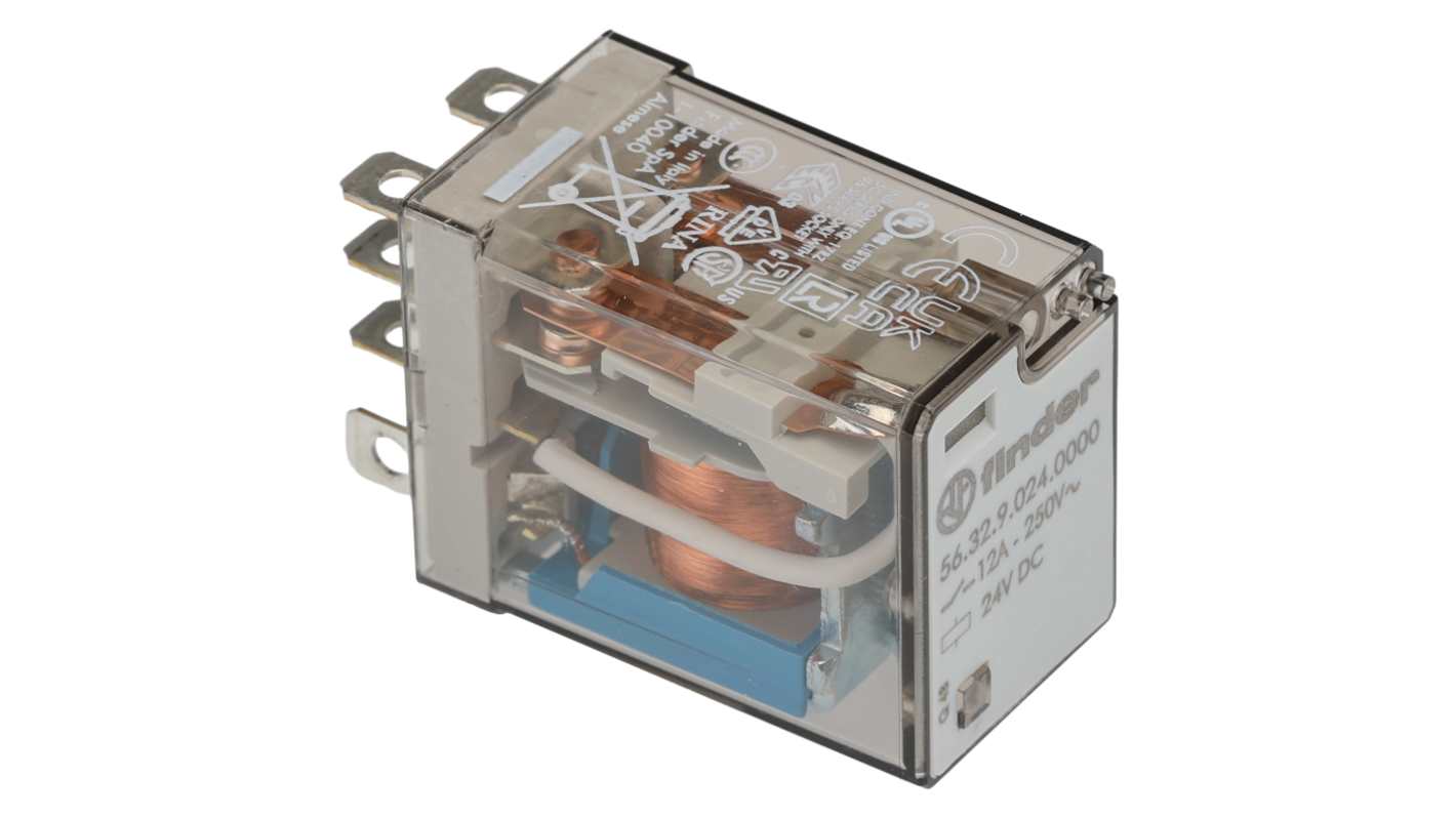Finder Flange Mount Power Relay, 24V dc Coil, 12A Switching Current, DPDT