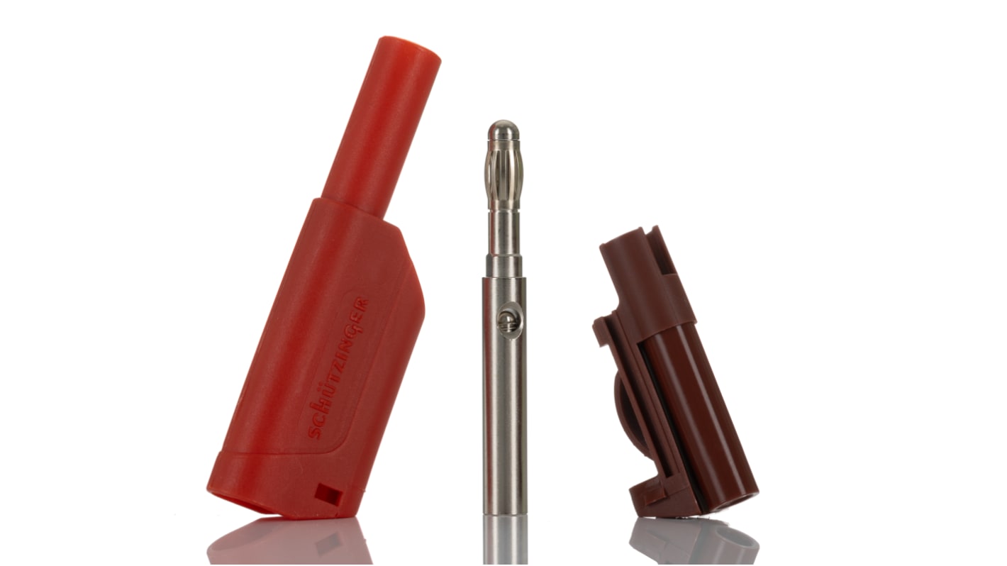 Schutzinger 4 mm Bananenstecker Rot, Kontakt vernickelt, 1kV / 32A, Lötanschluss