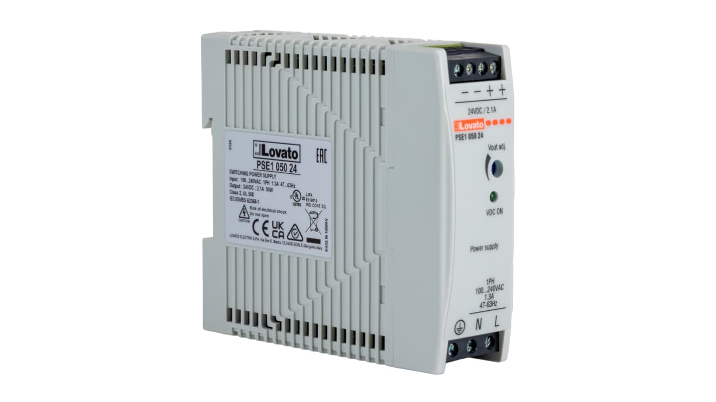 Lovato PSE1 Switched Mode DIN Rail Power Supply, 100 → 240V ac ac Input, 24V dc dc Output, 2.1A Output, 50W