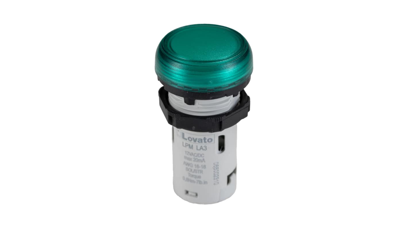 Lovato, LPML, Panel Mount Green LED Pilot Light, 22mm Cutout, IP66, IP67, IP69K, Round, 12V