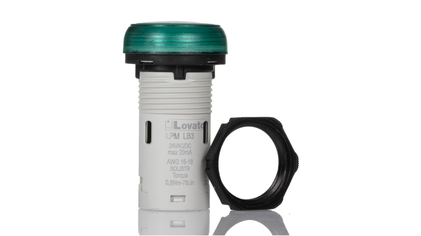 Lovato, LPML, Panel Mount Green LED Pilot Light, 22mm Cutout, IP66, IP67, IP69K, Round, 24V