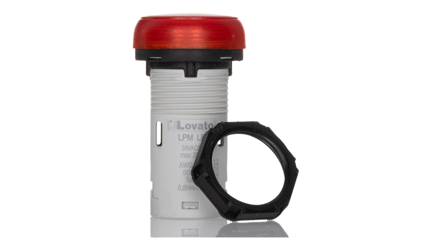 Lovato, LPML, Panel Mount Red LED Pilot Light, 22mm Cutout, IP66, IP67, IP69K, Round, 24V