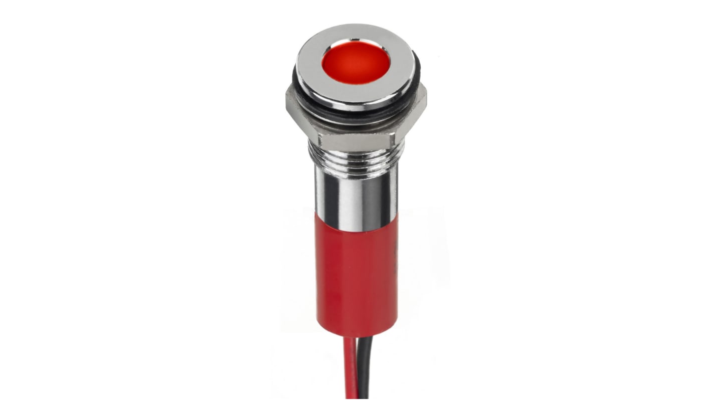 RS PRO Red Panel Mount Indicator, 24V dc, 8mm Mounting Hole Size, Lead Wires Termination, IP67