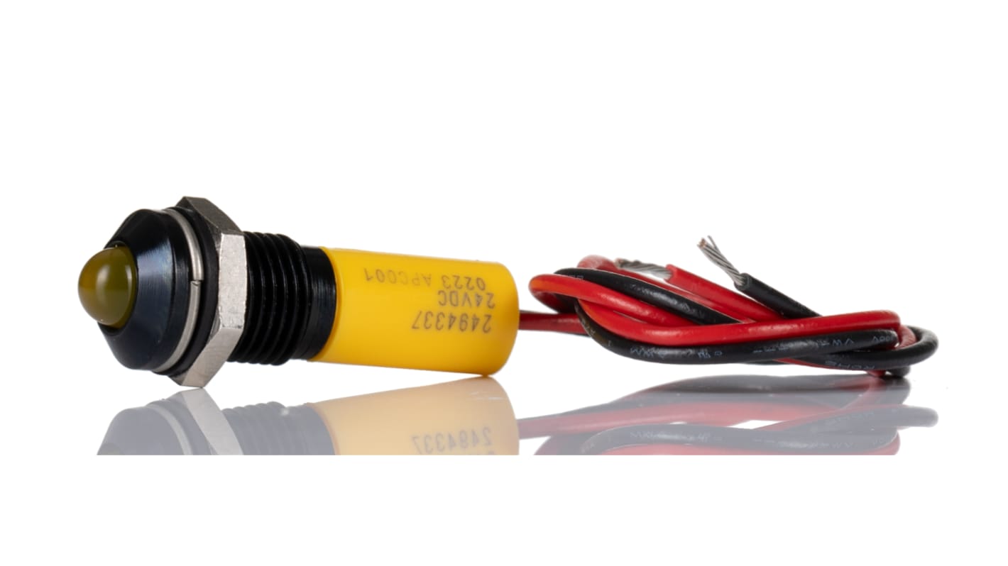 RS PRO Yellow Panel Mount Indicator, 24V dc, 8mm Mounting Hole Size, Lead Wires Termination, IP67