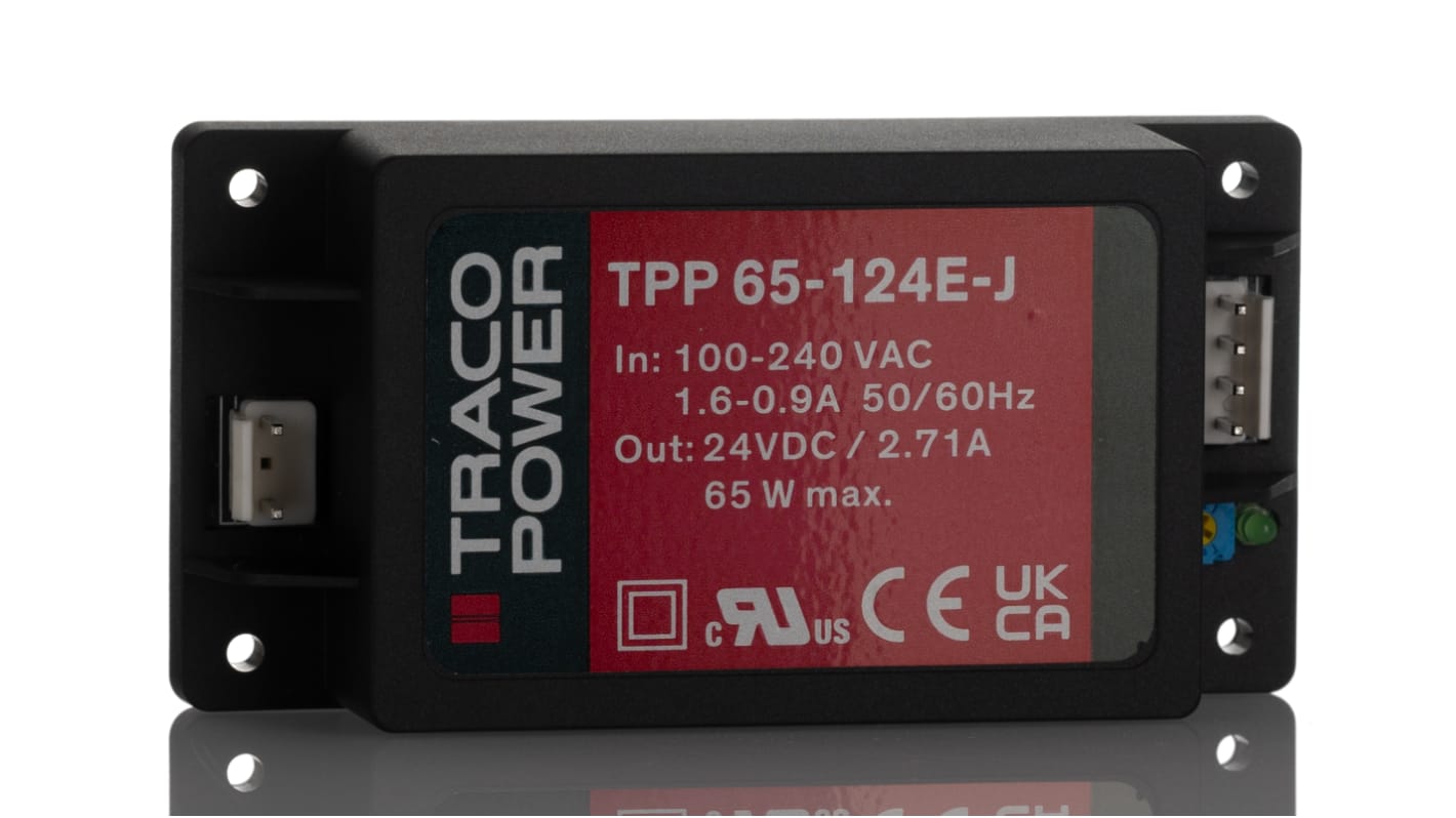 TRACOPOWER Power Supply, TPP 65-124E-J, 24V dc, 2.71A, 65W, 1 Output, 85 → 264V ac Input Voltage