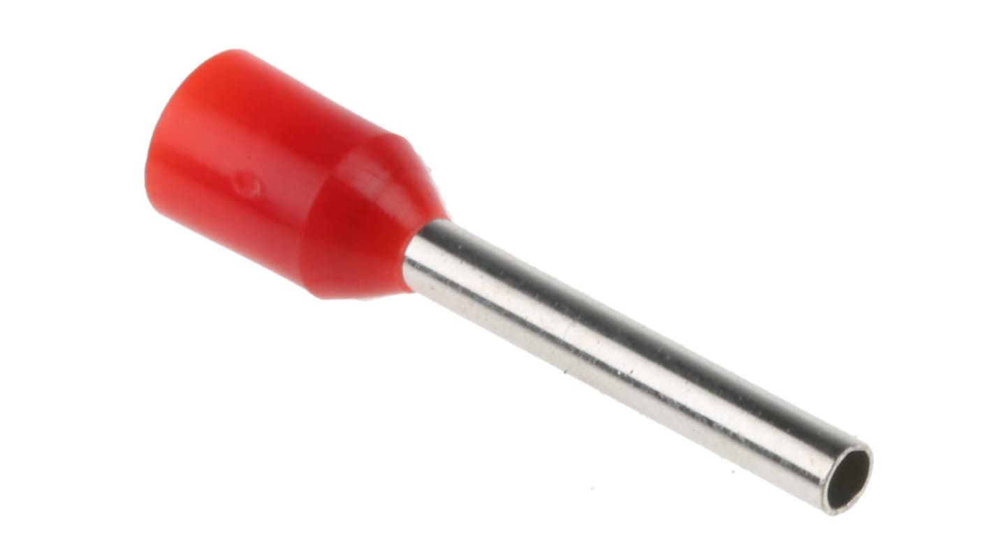 RS PRO Insulated Crimp Bootlace Ferrule, 12mm Pin Length, 1.4mm Pin Diameter, 1mm² Wire Size, Red