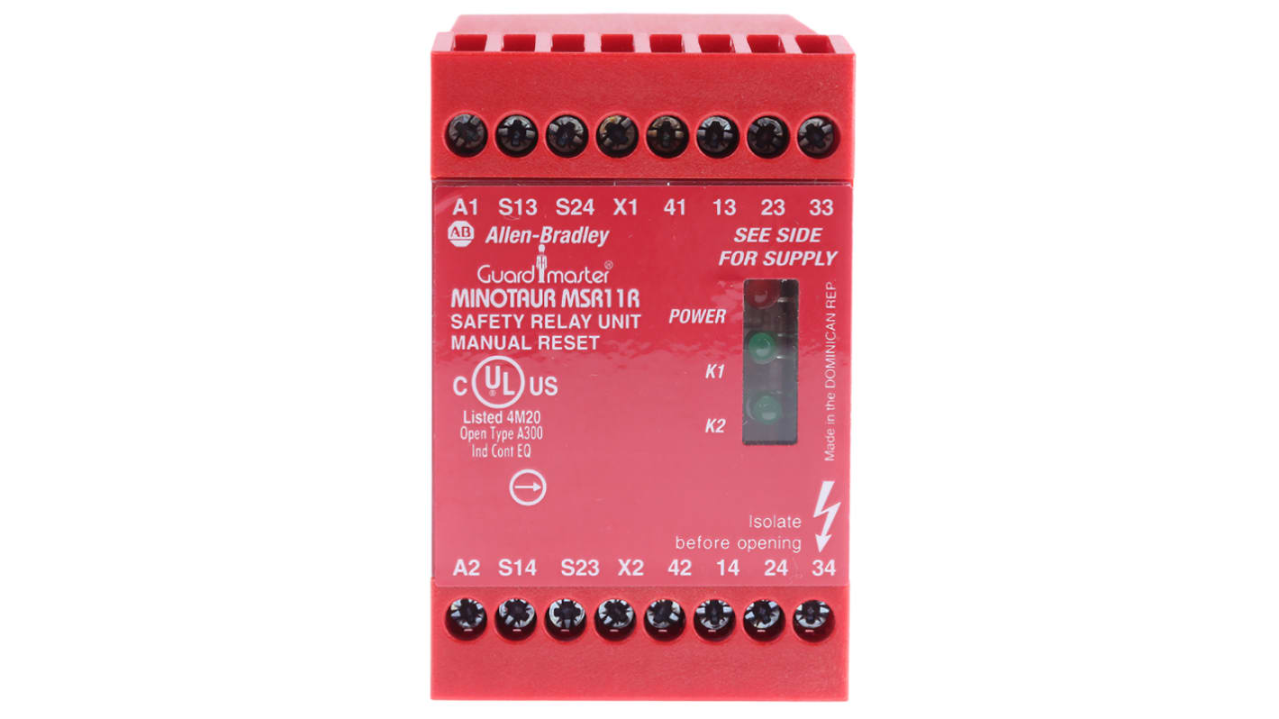 Allen Bradley Guardmaster Minotaur MSR11R 1 Auxiliary Contacts Safety Relay 24V ac/dc, Dual-Channel 3 Safety Contacts