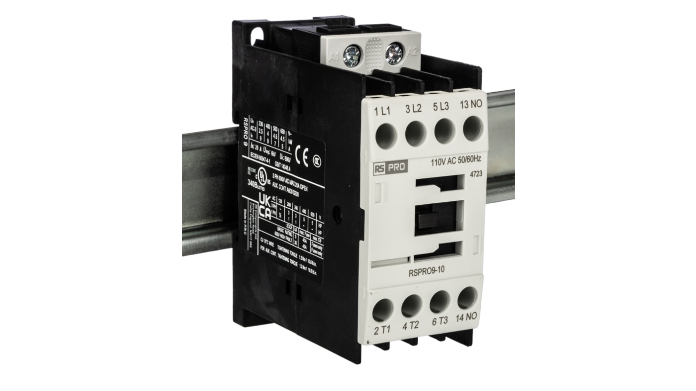 Contactor RS PRO RSPRO9-10 de 3 polos, 1 NA, 9 A, bobina 110 V ca, 4 kW