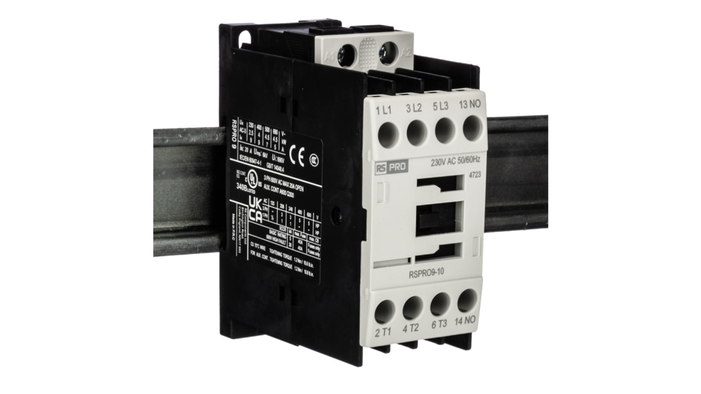 Contactor RS PRO RSPRO9-10 de 3 polos, 1 NA, 9 A, bobina 230 V ca, 4 kW