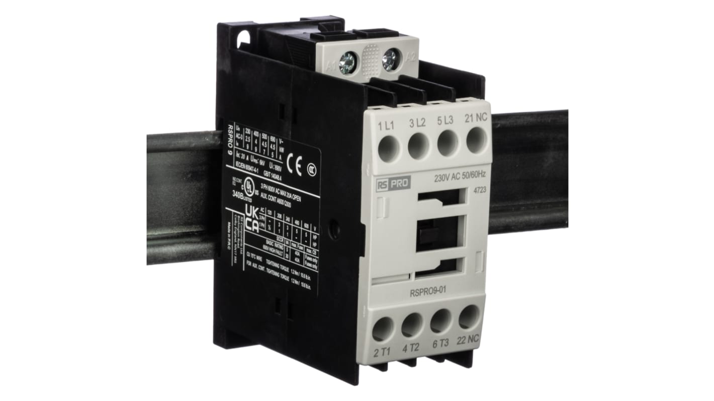 Contactor RS PRO RSPRO9-01 de 3 polos, 1 NC, 9 A, bobina 230 V ca, 4 kW