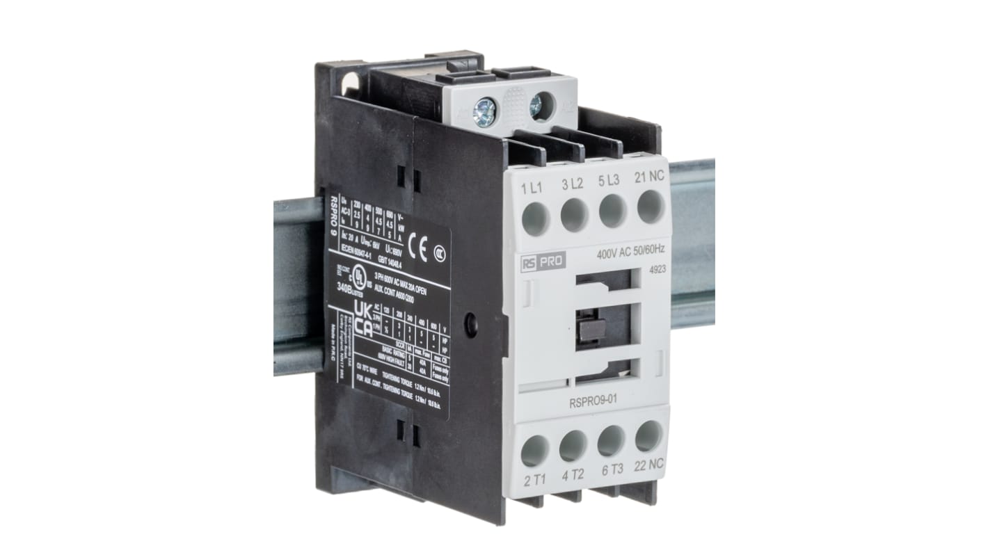 Contactor RS PRO RSPRO9-01 de 3 polos, 1 NC, 9 A, bobina 400 V CA, 4 kW