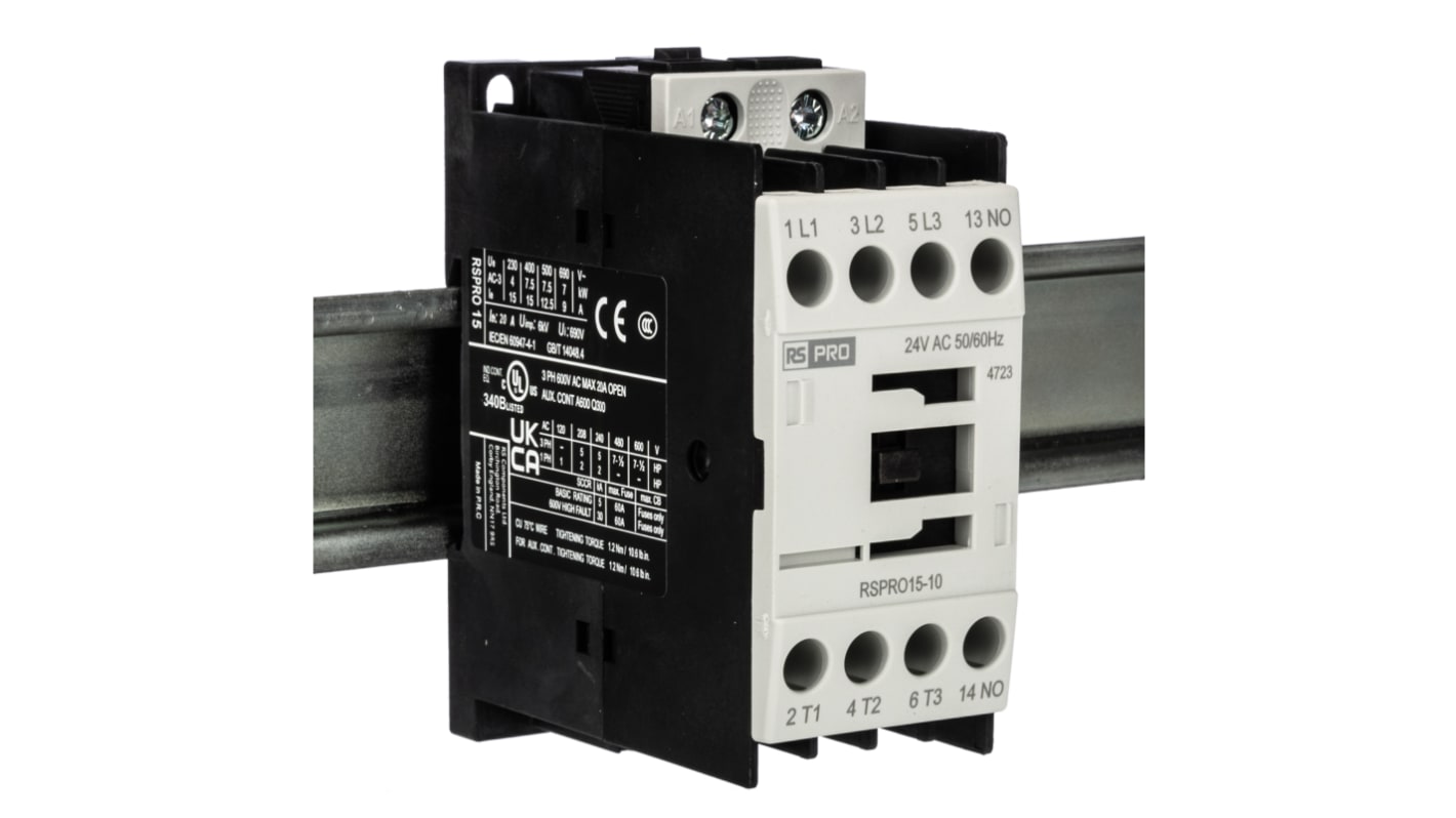 RS PRO RSPRO15-10 Contactor, 24 V ac Coil, 3-Pole, 15 A, 7.5 kW, 1NO, 690 V
