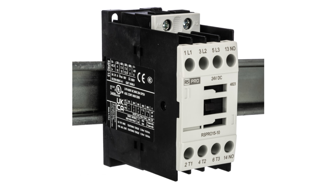 RS PRO RSPRO15-10 Contactor, 24 V dc Coil, 3-Pole, 15 A, 7.5 kW, 1NO, 690 V