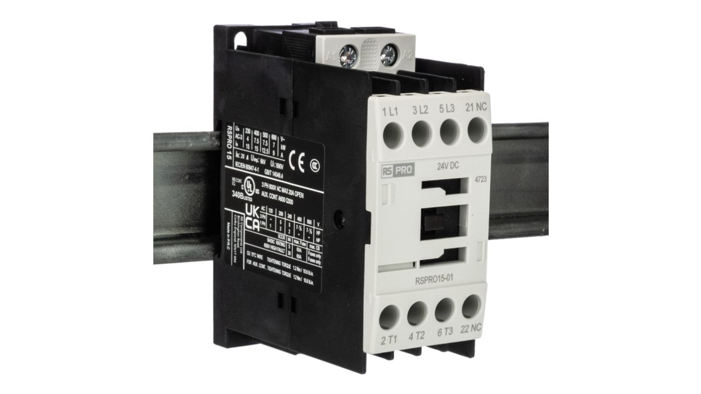 Contactor RS PRO RSPRO15-01 de 3 polos, 1 NC, 15 A, bobina 24 V cc, 7,5 kW