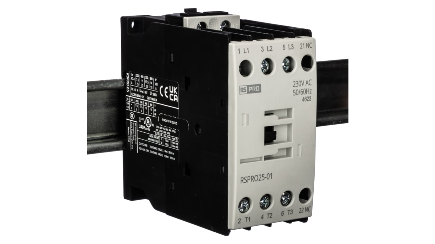 Contattore ElectroMechanical RS PRO, 3 poli, 1NC, 25 A, 11 kW, bobina 230 V CA