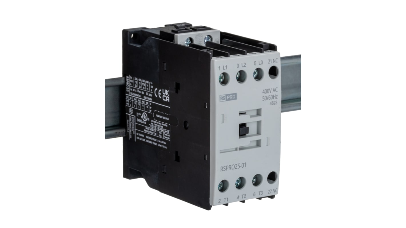 Contactor RS PRO RSPRO25-01 de 3 polos, 1 NC, 25 A, bobina 400 V CA, 11 kW