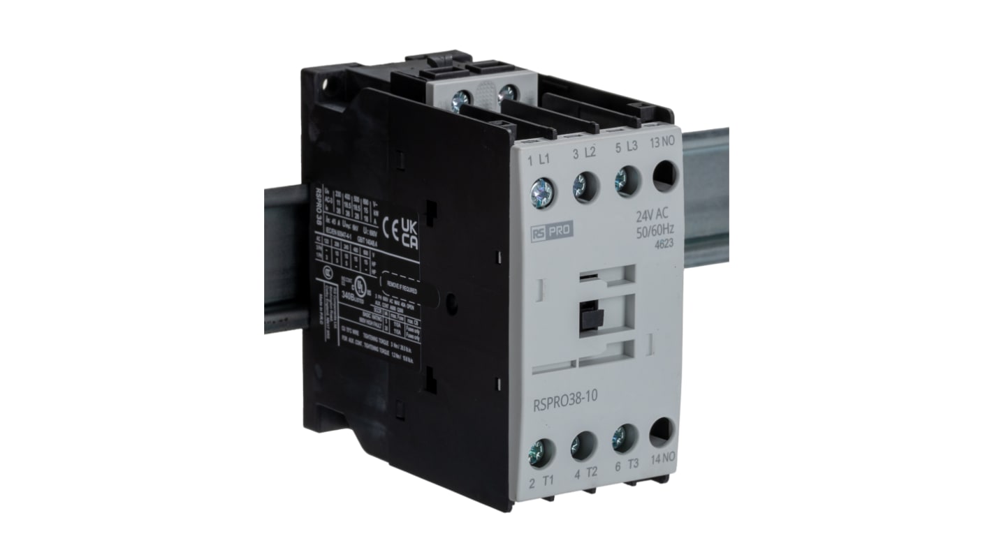 RS PRO RSPRO38-10 Contactor, 24 V ac Coil, 3-Pole, 38 A, 18.5 kW, 1NO, 690 V