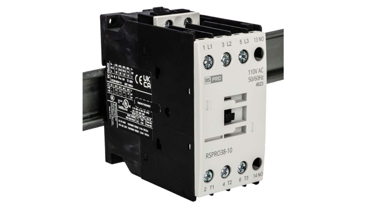 RS PRO RSPRO38-10 Contactor, 110 V ac Coil, 3-Pole, 38 A, 18.5 kW, 1NO, 690 V