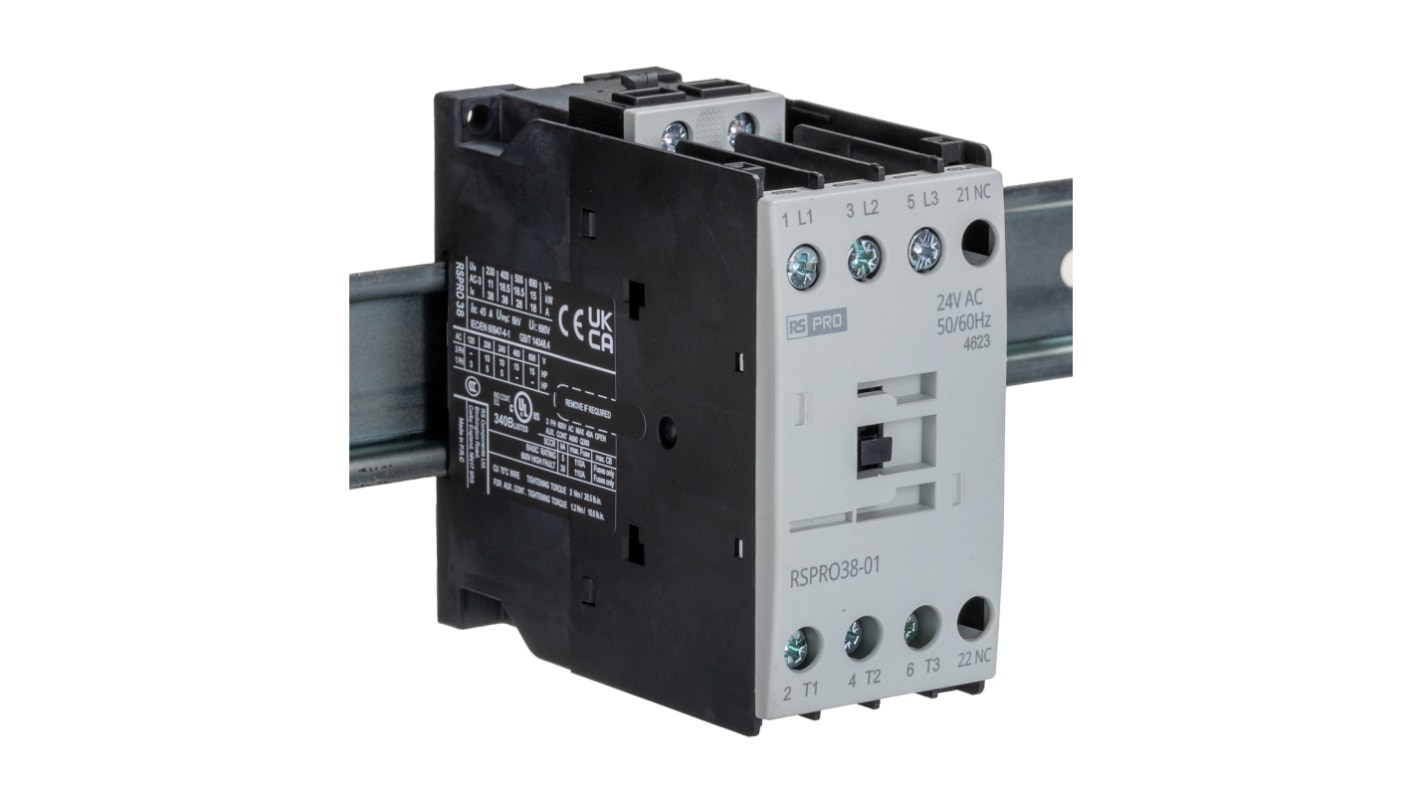 Contattore ElectroMechanical RS PRO, 3 poli, 1NC, 38 A, 18,5 kW, bobina 24 V CA